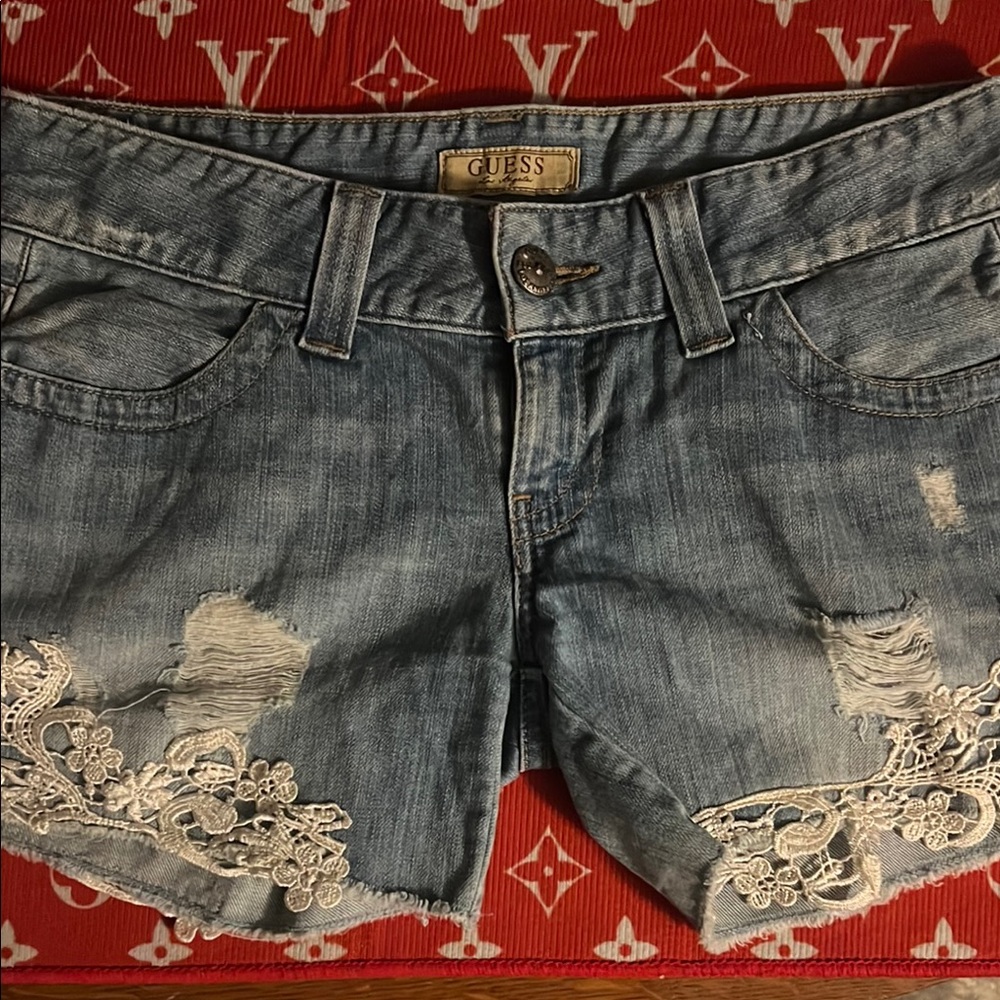 GUESS Women's Blue Denim Shorts with Lace Detail